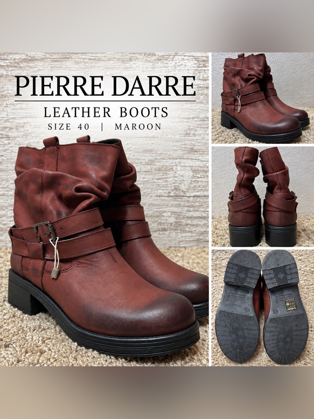 Pierre Darre Maroon Leather Moto Boots Women’s EU 40 Made in Italy Buckle Ankle